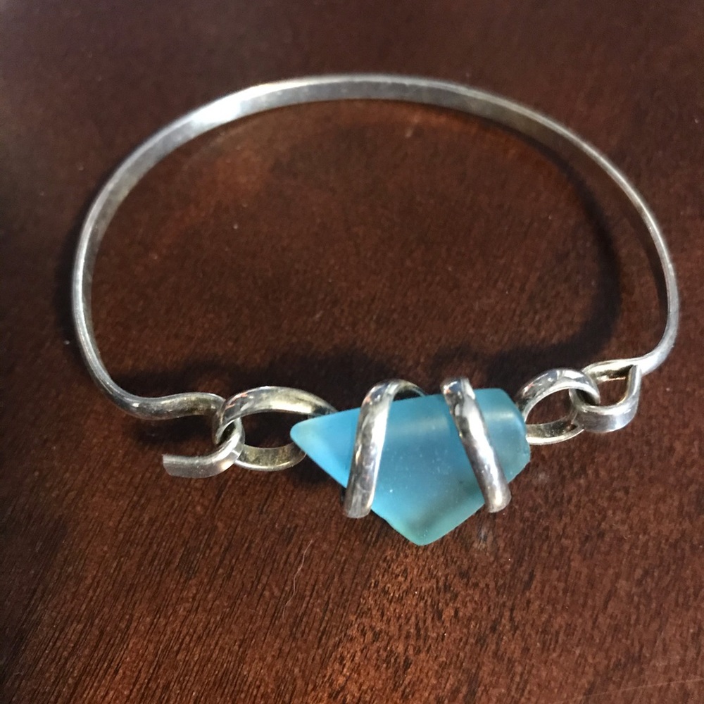 Silver and Blue Seaglass Bangle Bracelet